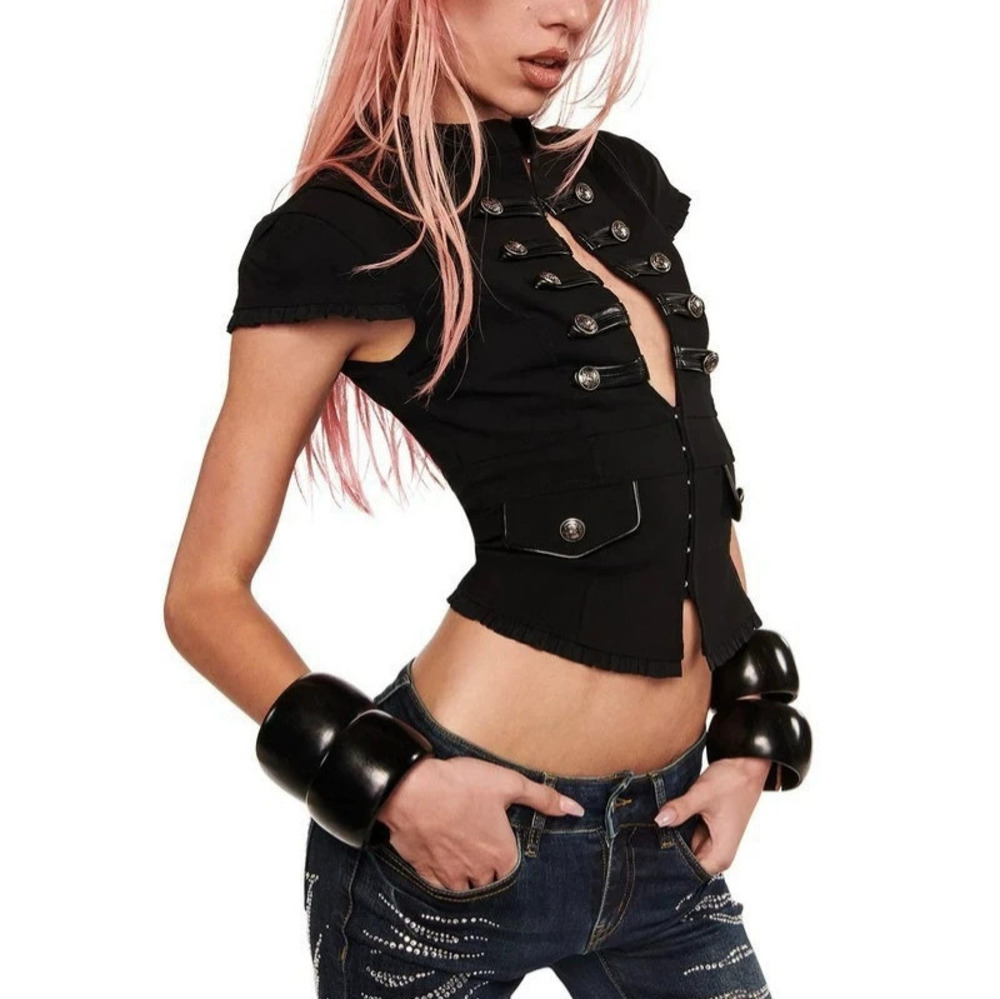 Zara New Vintage Dark Gothic Metal Button Stand Collar Cutout Chest Punk Top